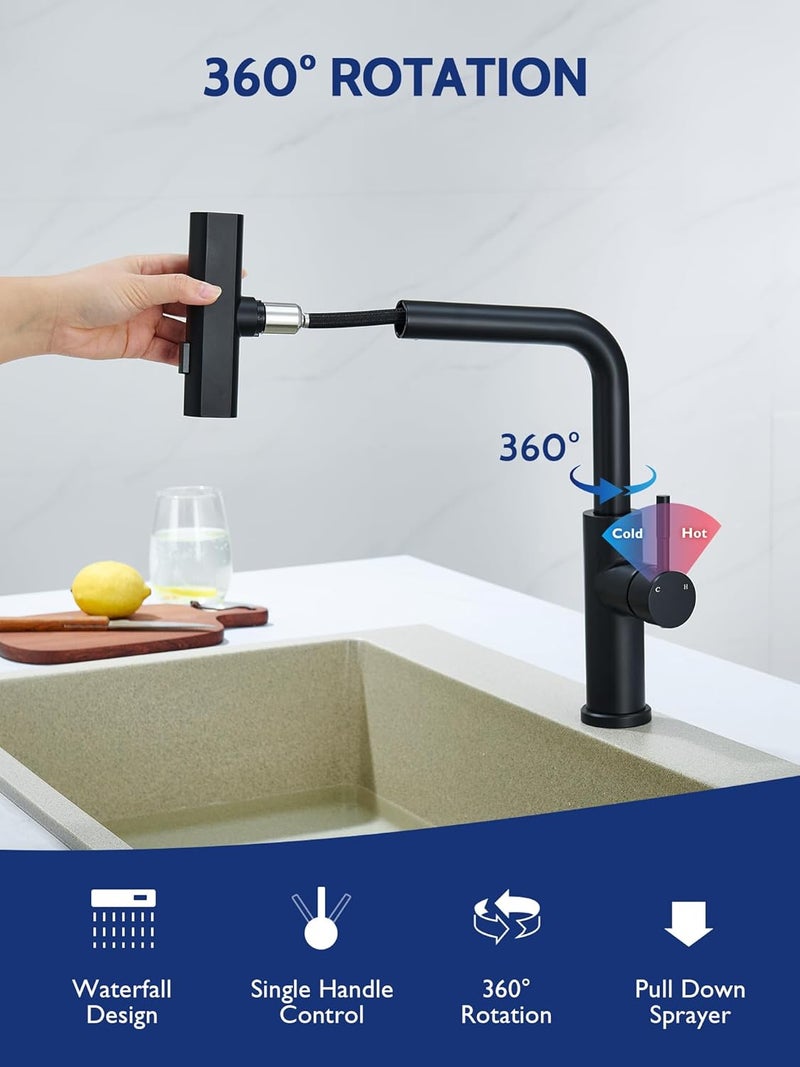 LUFEIDRA Kitchen Faucet with Pull Down Sprayer, Waterfall Single Hole Single Handle Sink Faucets with Pull-Down Sprayer for RV Kitchen Camper, Matte Black - Image 2